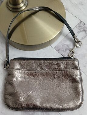 Coach Metallic Pewter Small Leather Wristlet